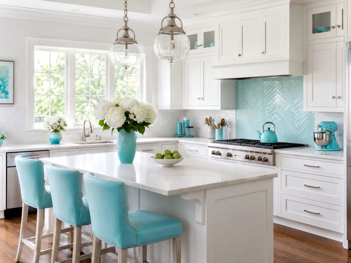 Bright white and turquoise kitchen cleaned by Polished